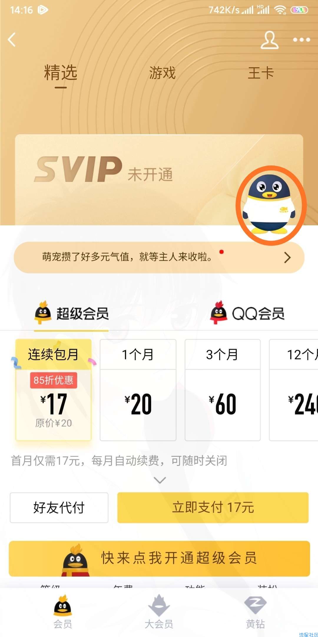 【虚拟物品】QQ养萌宠攒元气兑换超级会员