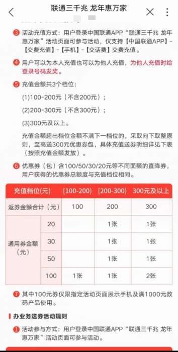 联通冲200话费送200优惠券活动