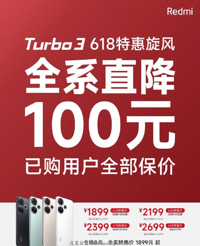 【手机资讯】Redmi Turbo 3官宣直降100元：已购用户可保价