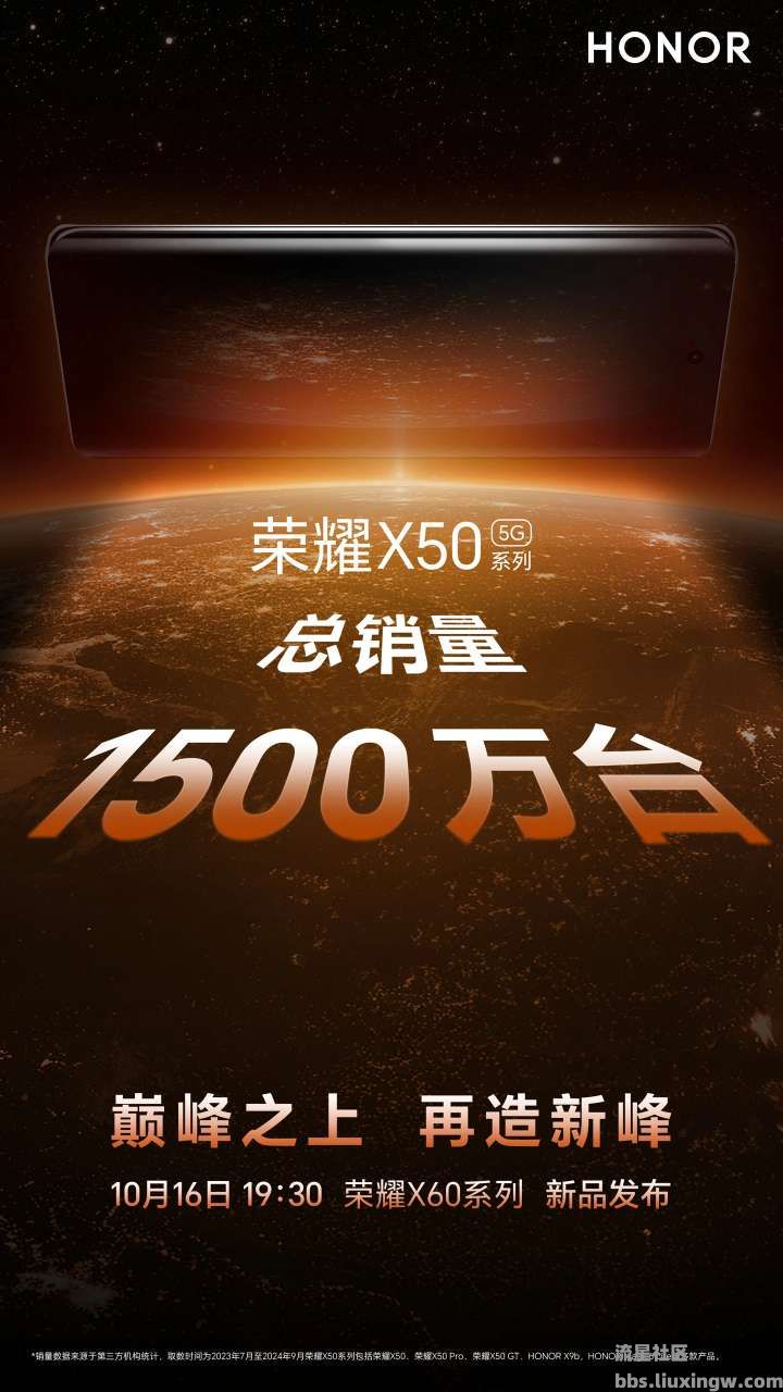 【手机资讯】荣耀X50系列手机销量破1500万台：用时约15个月，X60系列定档10月16日发布