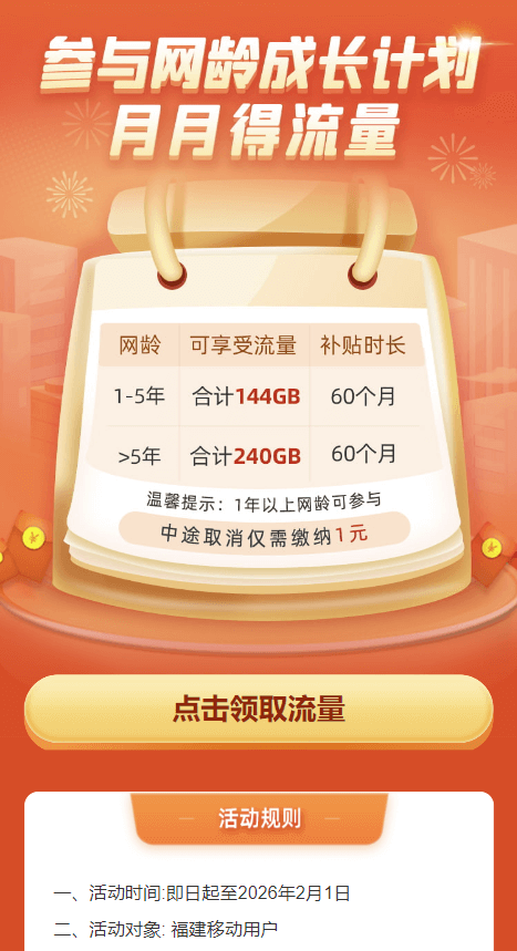 福建移动网龄计划活动，至高可以领240G流量