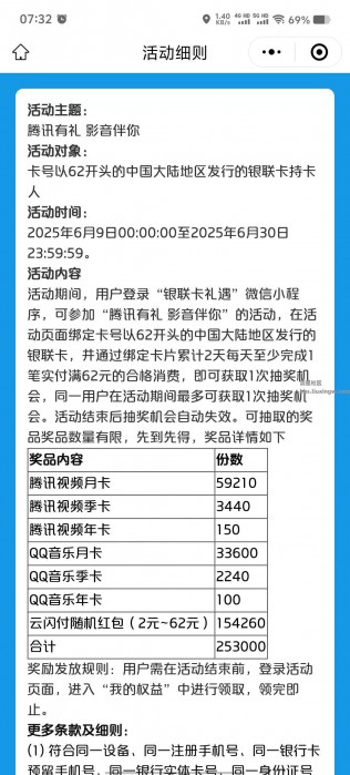 【虚拟物品】银联云闪付礼遇抽腾讯视频会员月卡