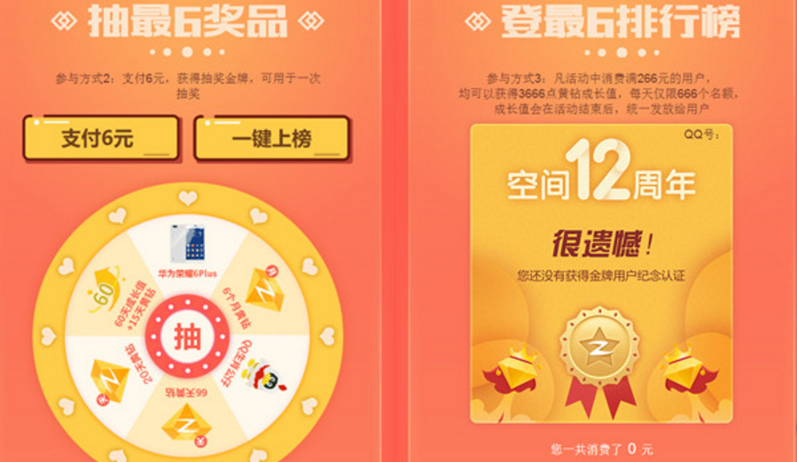 QQ空间12周年最6折扣 18元开通3个月黄钻 抽黄钻 实物奖励